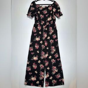 Monteau Black Floral Off Shoulder Scalloped Neckline Jumpsuit Wide Leg Size M